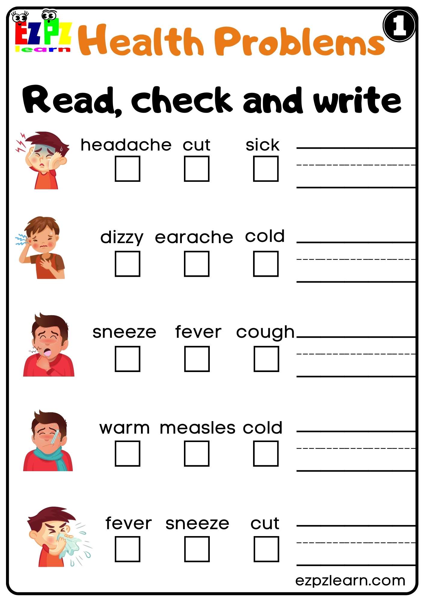 Health Problems Read and Write Worksheet for kids K5 and ESL Students Free PDF Download Set 1